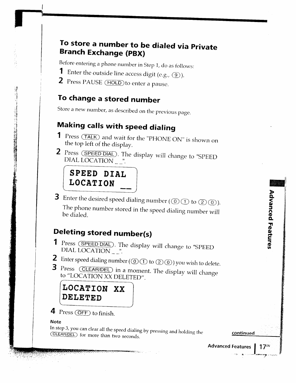 To change a stored number, Making calls with speed dialing, Speed dial location | Deleting stored number(s), Location xx deleted | Sony SPP-ID910 User Manual | Page 17 / 31