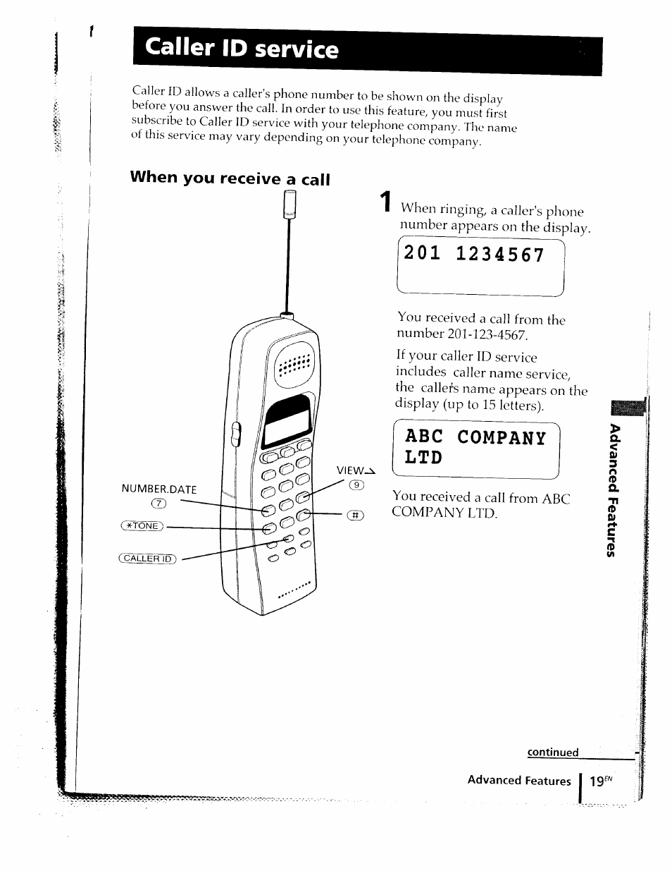 Caller id service, Abc company ltd, When you receive a call | Sony SPP-ID910 User Manual | Page 19 / 31