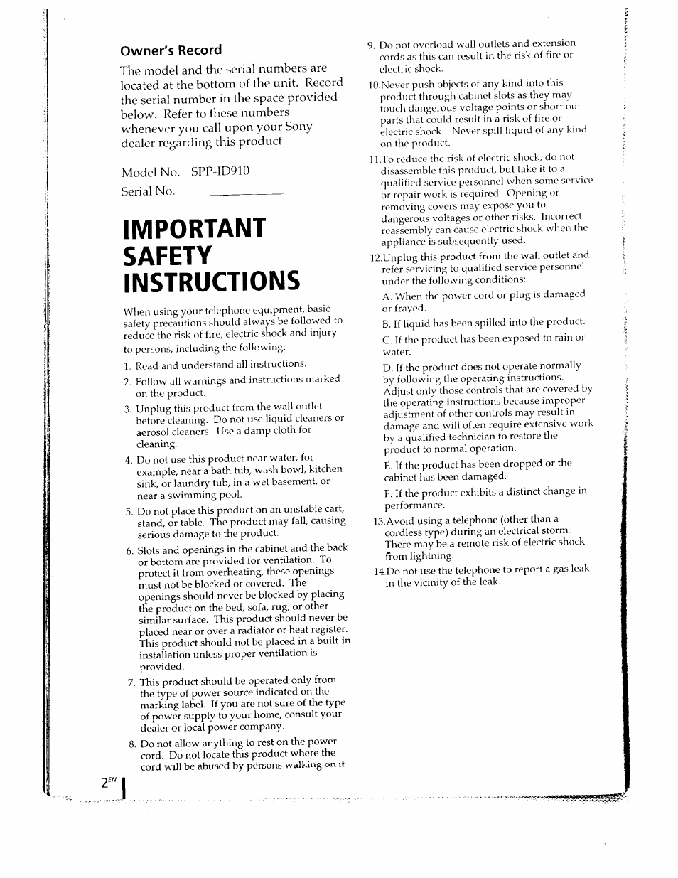 Owner's record, Important, Safety | Instructions, Important safety instructions | Sony SPP-ID910 User Manual | Page 2 / 31