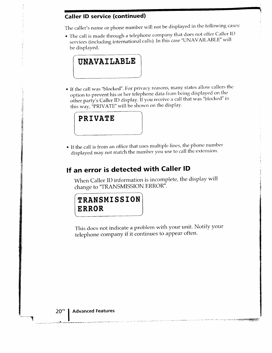 Caller id service (continued), If an error is detected with caller id, Unavailable | Private, Transmission error | Sony SPP-ID910 User Manual | Page 20 / 31