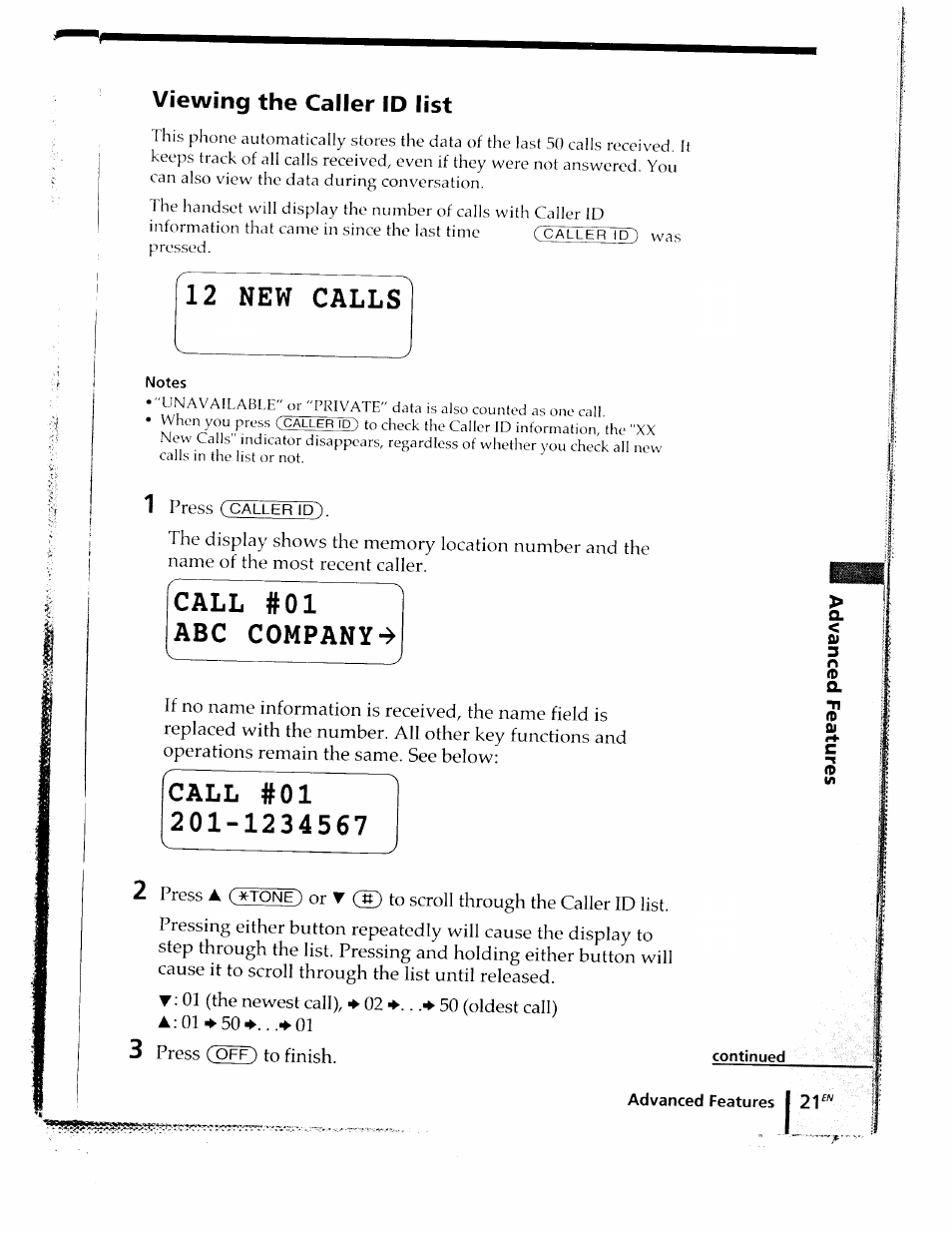 Viewing the caller id list, 12 new calls, Call #01 abc company | Call #01 201-1234567 | Sony SPP-ID910 User Manual | Page 21 / 31