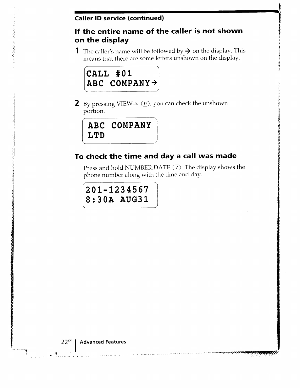 Caller id service (continued), To check the time and day a call was made, 1234567 8;30a aug31 | Call #01 abc company | Sony SPP-ID910 User Manual | Page 22 / 31