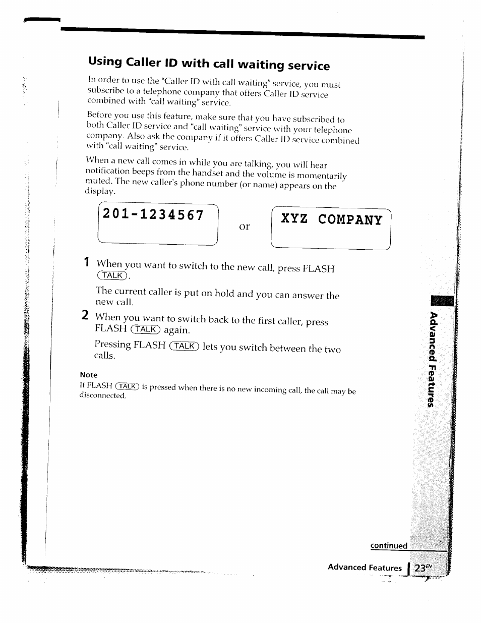 Using caller id with call waiting service, Xyz company, Continued | J 23 | Sony SPP-ID910 User Manual | Page 23 / 31