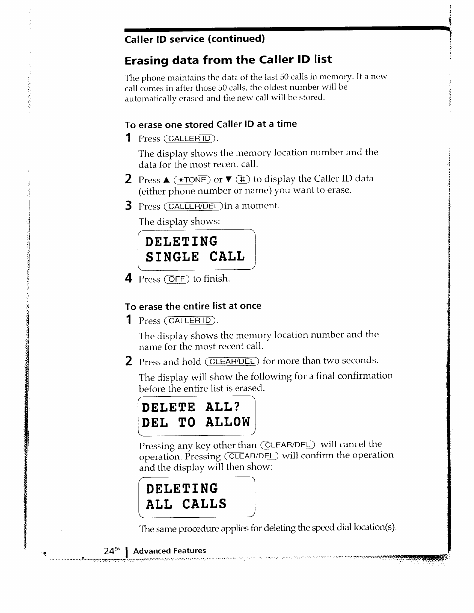 Caller id service (continued), Erasing data from the caller id list, To erase one stored caller id at a time | Deleting single call, To erase the entire list at once, Delete all, Del to allow, Deleting all calls, Delete all? del to allow | Sony SPP-ID910 User Manual | Page 24 / 31