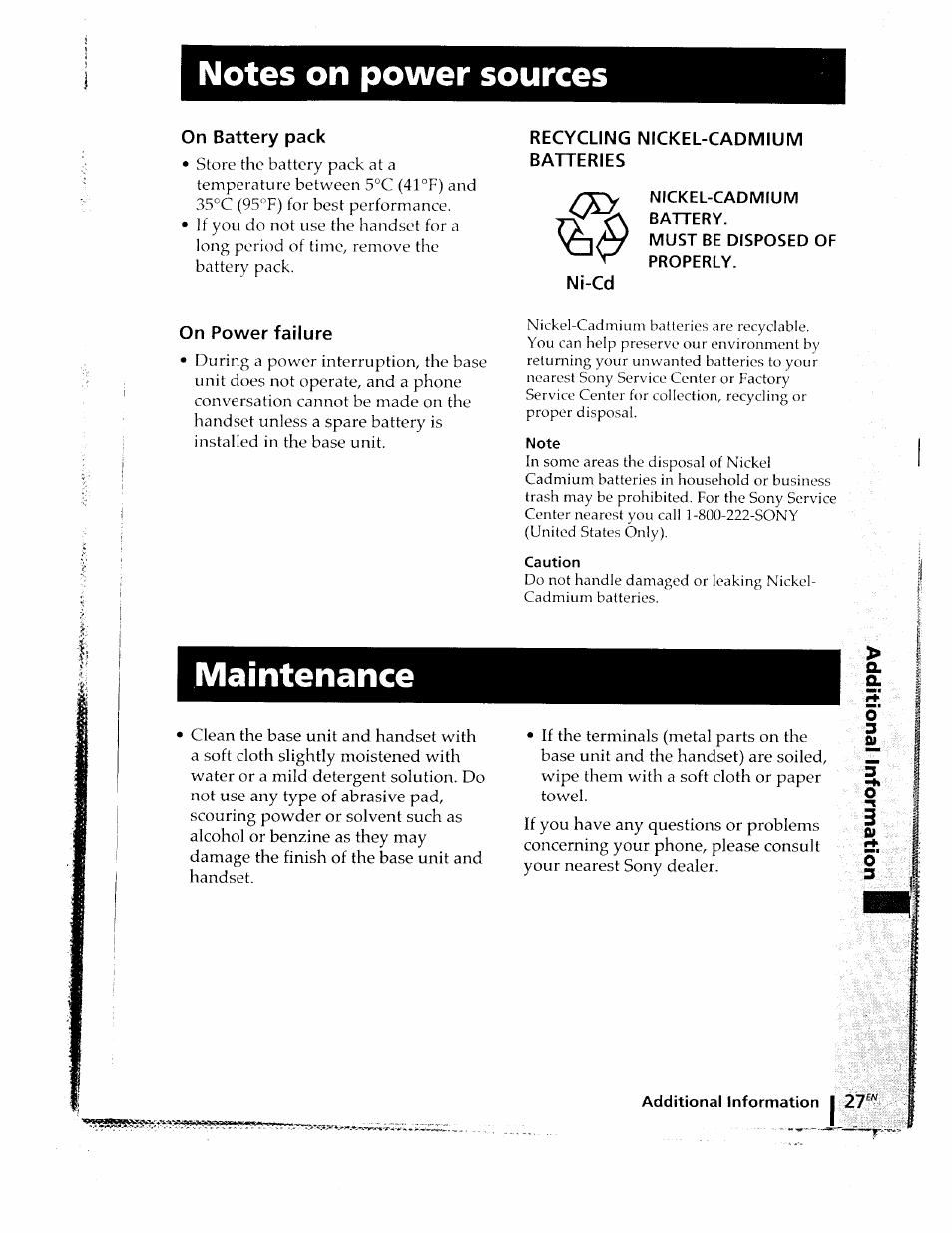 Notes on power sources, On battery pack, Recycling nickel-cadmium batteries | Ni-cd, Nickel-cadmium, Battery, Must be disposed of properly, Note, Maintenance | Sony SPP-ID910 User Manual | Page 27 / 31