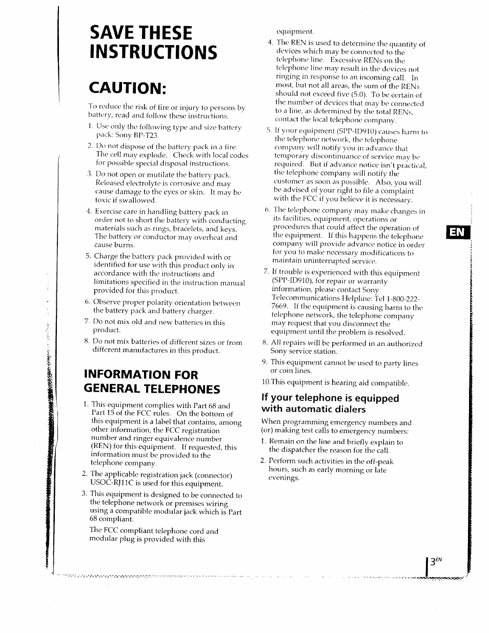 Save these instructions, Information for general telephones, Caution | Sony SPP-ID910 User Manual | Page 3 / 31