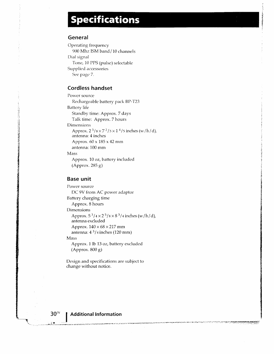 Specifications, General, Cordless handset | Base unit | Sony SPP-ID910 User Manual | Page 30 / 31