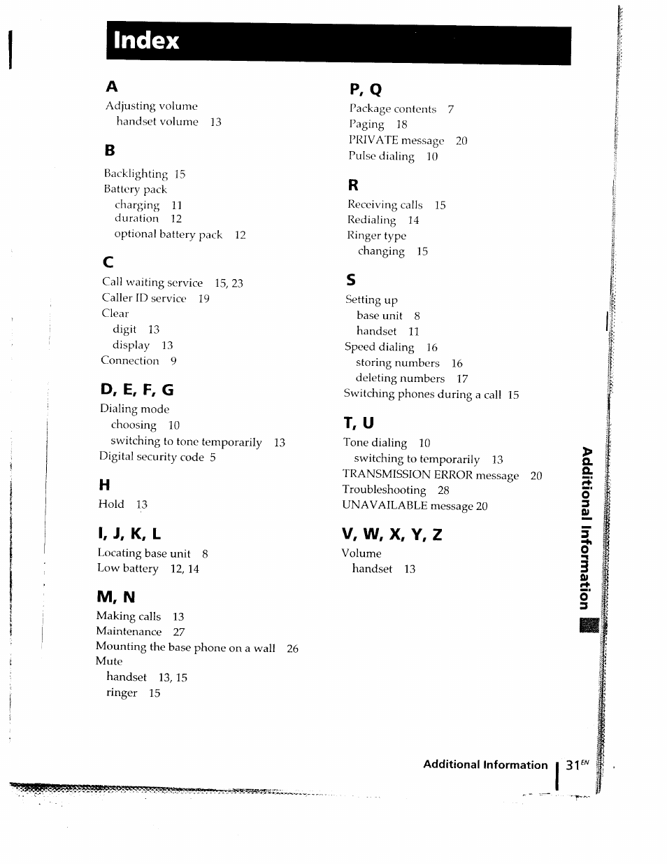 Index, P, q, D, e, f, g | I, j, k, l, M, n, T, u, V, w, x, y, z | Sony SPP-ID910 User Manual | Page 31 / 31