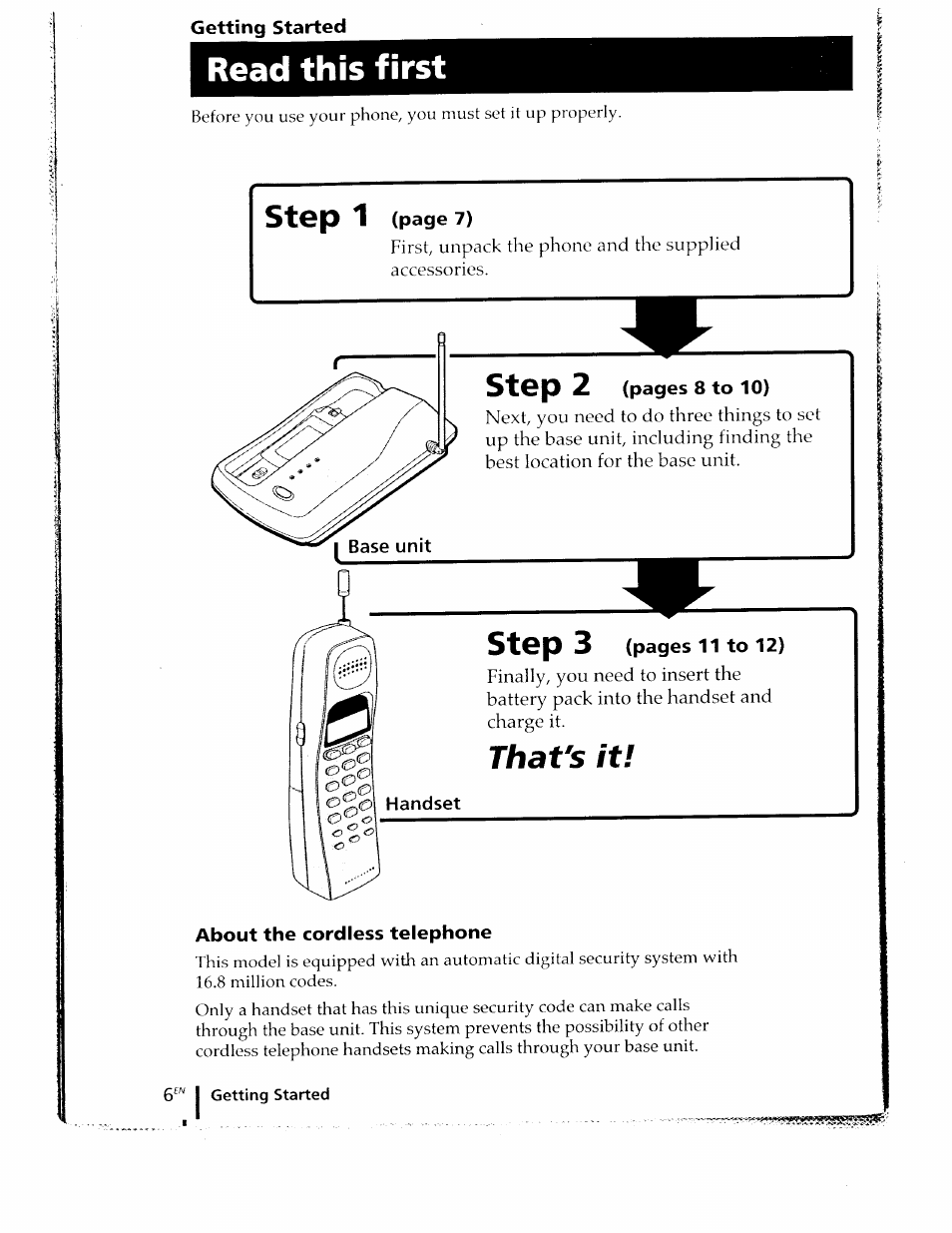 Getting started, Read this first, About the cordless telephone | That's it, Step 1, Step 2, Step 3 | Sony SPP-ID910 User Manual | Page 6 / 31