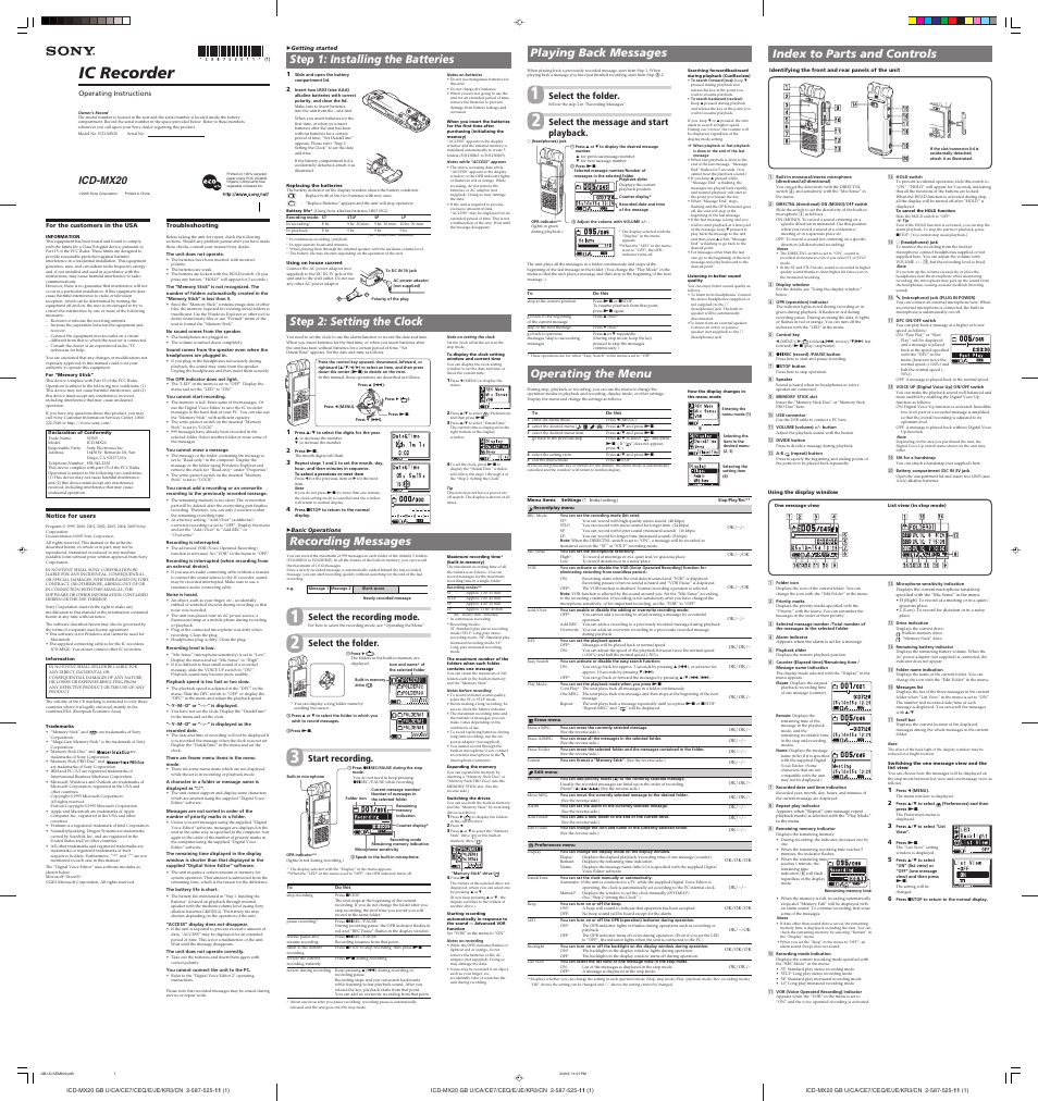 Sony ICD-MX20 User Manual | 2 pages