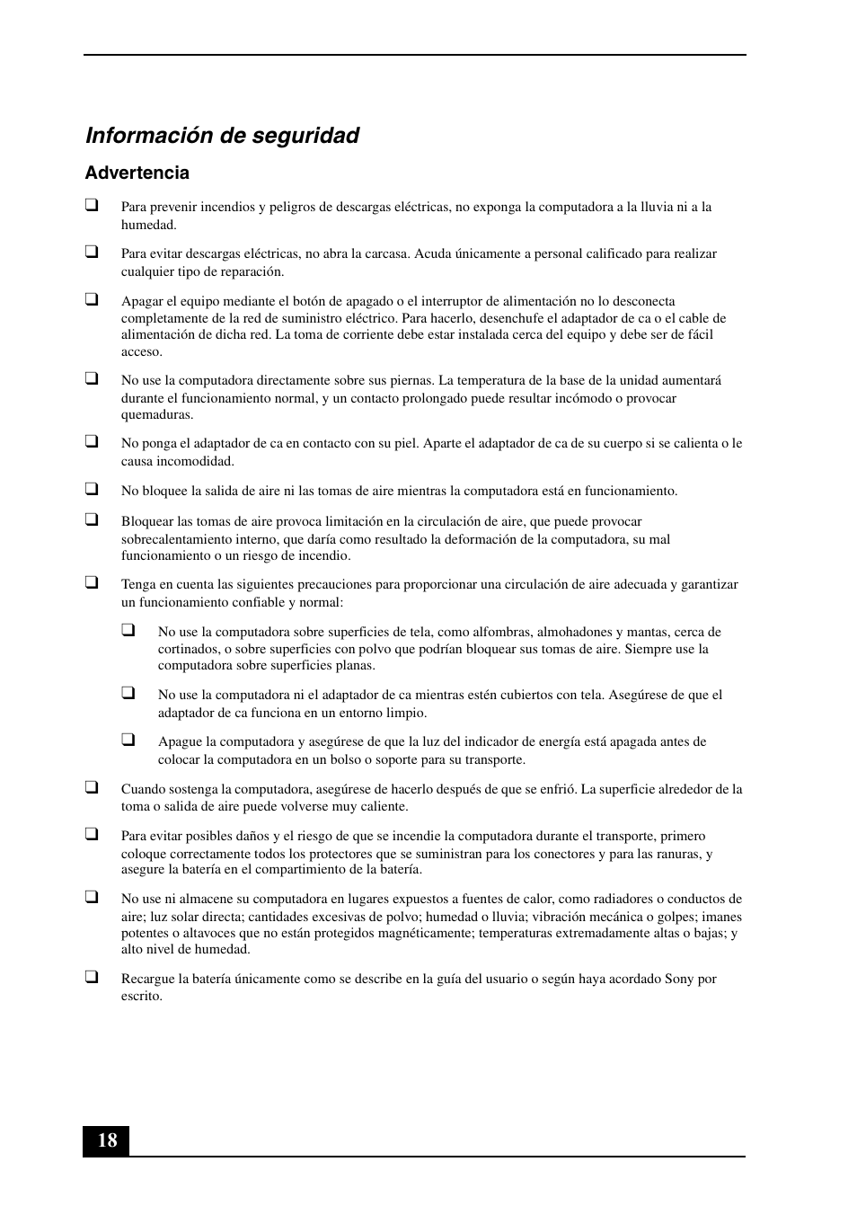 Información de seguridad | Sony VPCF22BFX User Manual | Page 18 / 32