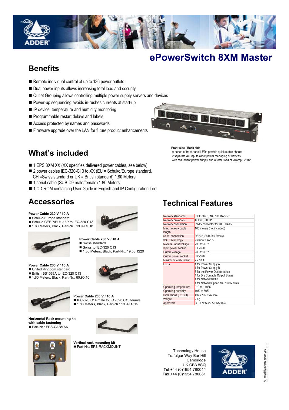 Epowerswitch 8xm master, Benefits, What’s included | Accessories technical features | Adder Technology EPOWERSWITCH 8XM User Manual | Page 2 / 2