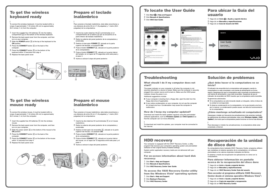 Solución de problemas, Troubleshooting, Para ubicar la guía del usuario | Hdd recovery, Recuperación de la unidad de disco duro, Prepare el teclado inalámbrico, Prepare el mouse inalámbrico | Sony VGC-LT18E User Manual | Page 2 / 2