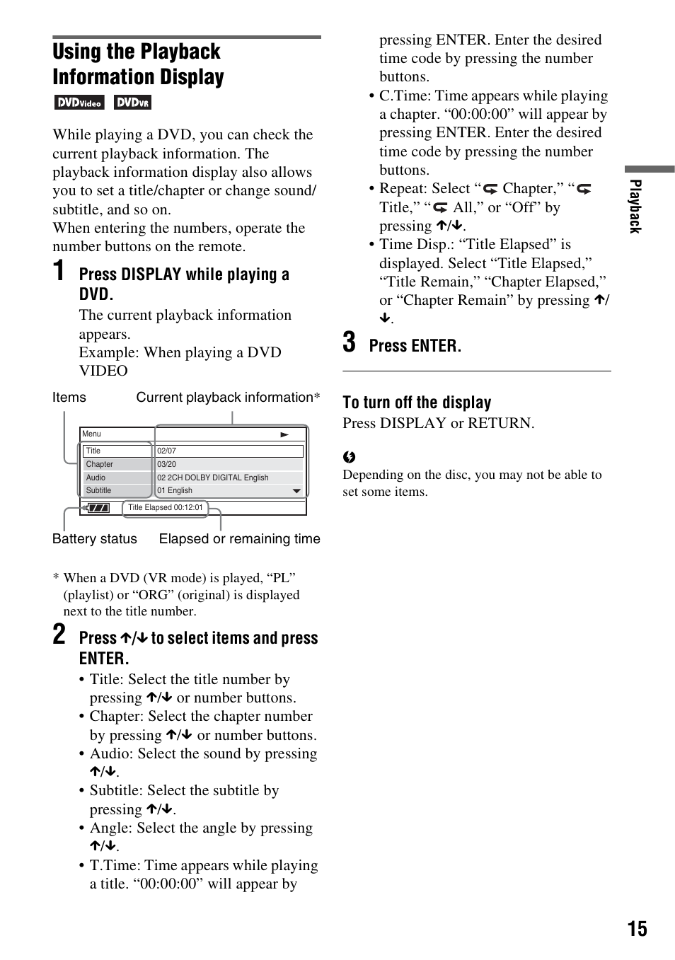 Using the playback information display | Sony DVP-FX930 User Manual | Page 15 / 40