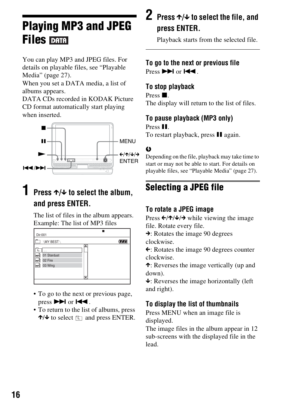 Playing mp3 and jpeg files, Selecting a jpeg file, Press x / x to select the album, and press enter | Press x / x to select the file, and press enter | Sony DVP-FX930 User Manual | Page 16 / 40