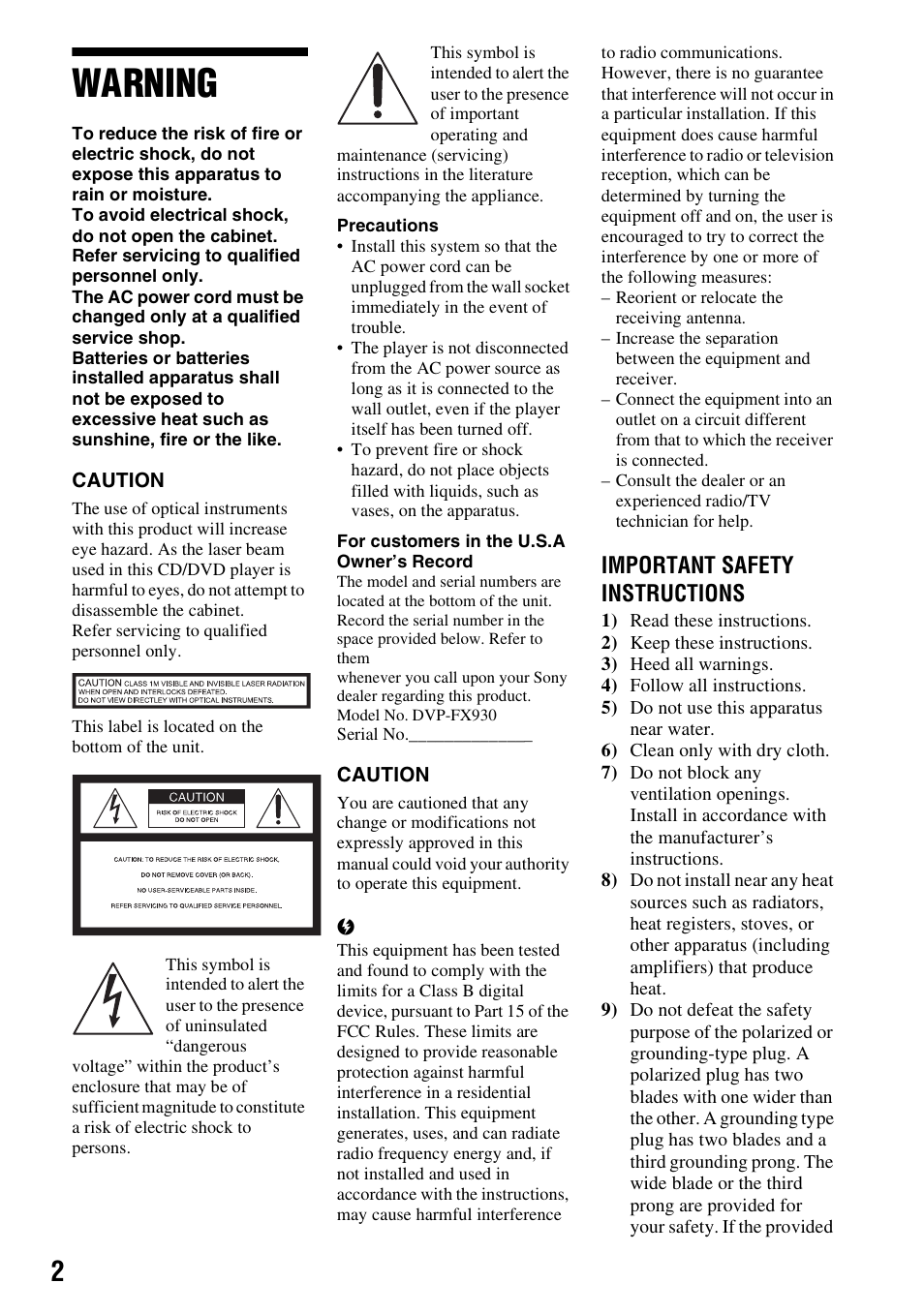 Warning, Important safety instructions | Sony DVP-FX930 User Manual | Page 2 / 40