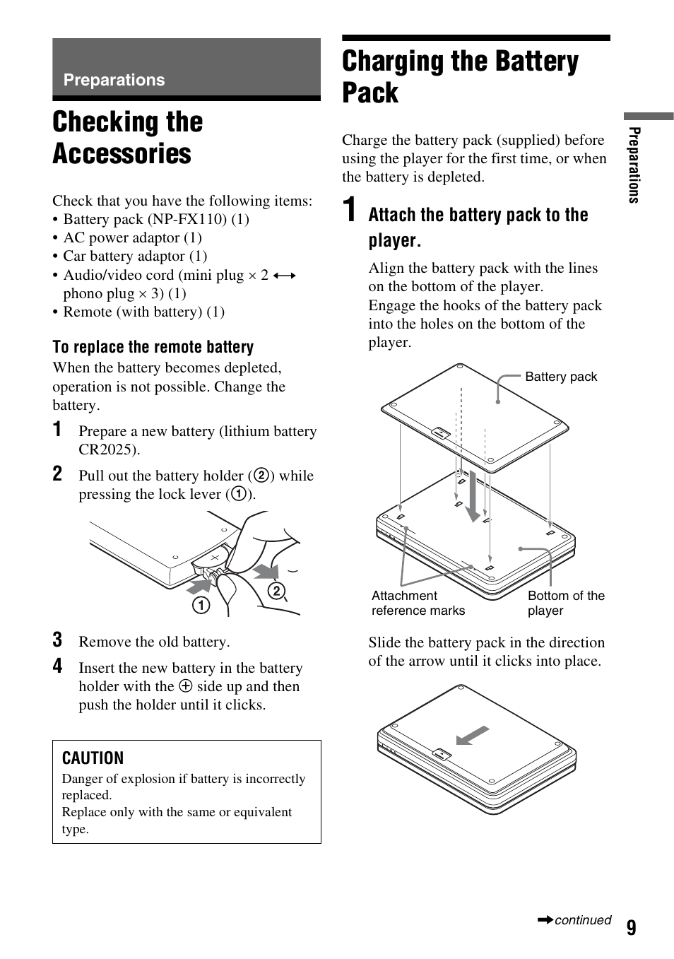 Preparations, Checking the accessories, Charging the battery pack | Checking the accessories charging the battery pack | Sony DVP-FX930 User Manual | Page 9 / 40