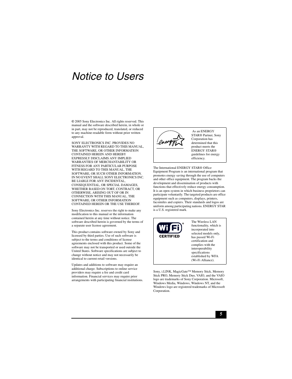 Notice to users | Sony VGN-A690 User Manual | Page 5 / 48