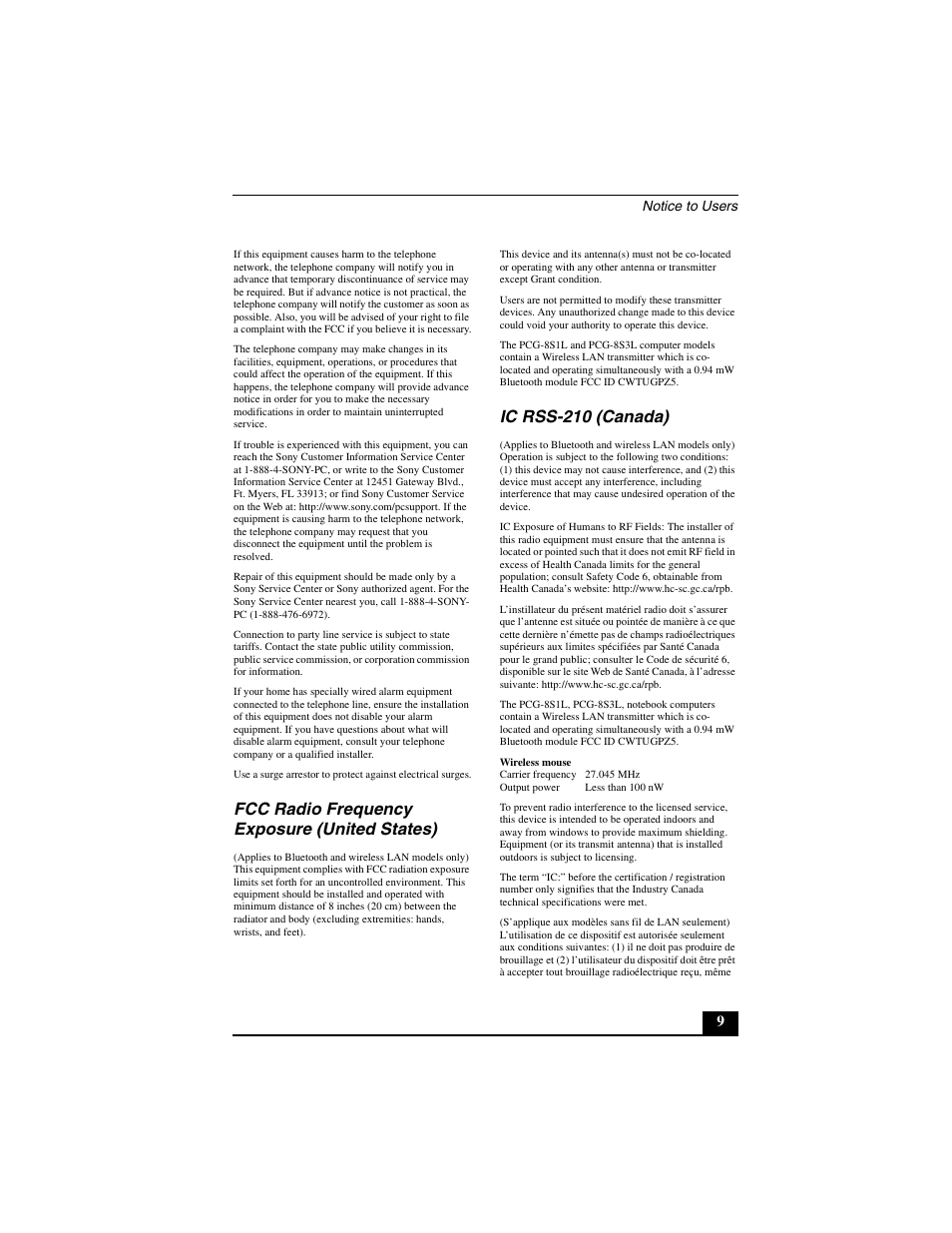 Fcc radio frequency exposure (united states), Ic rss-210 (canada) | Sony VGN-A690 User Manual | Page 9 / 48