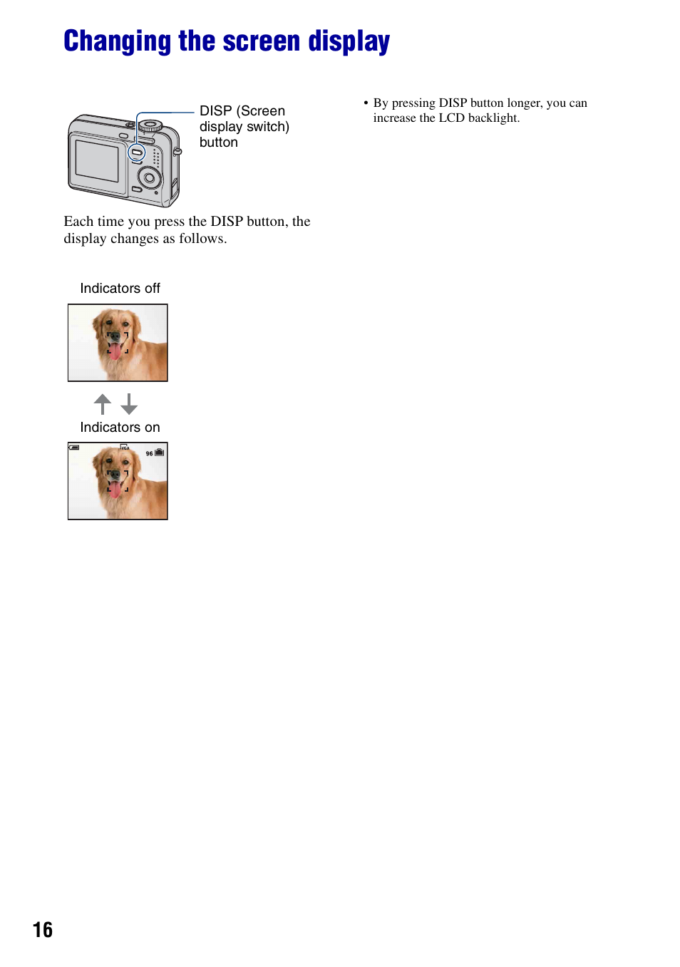 Changing the screen display, On (16) | Sony DSC-S700BDL User Manual | Page 16 / 101