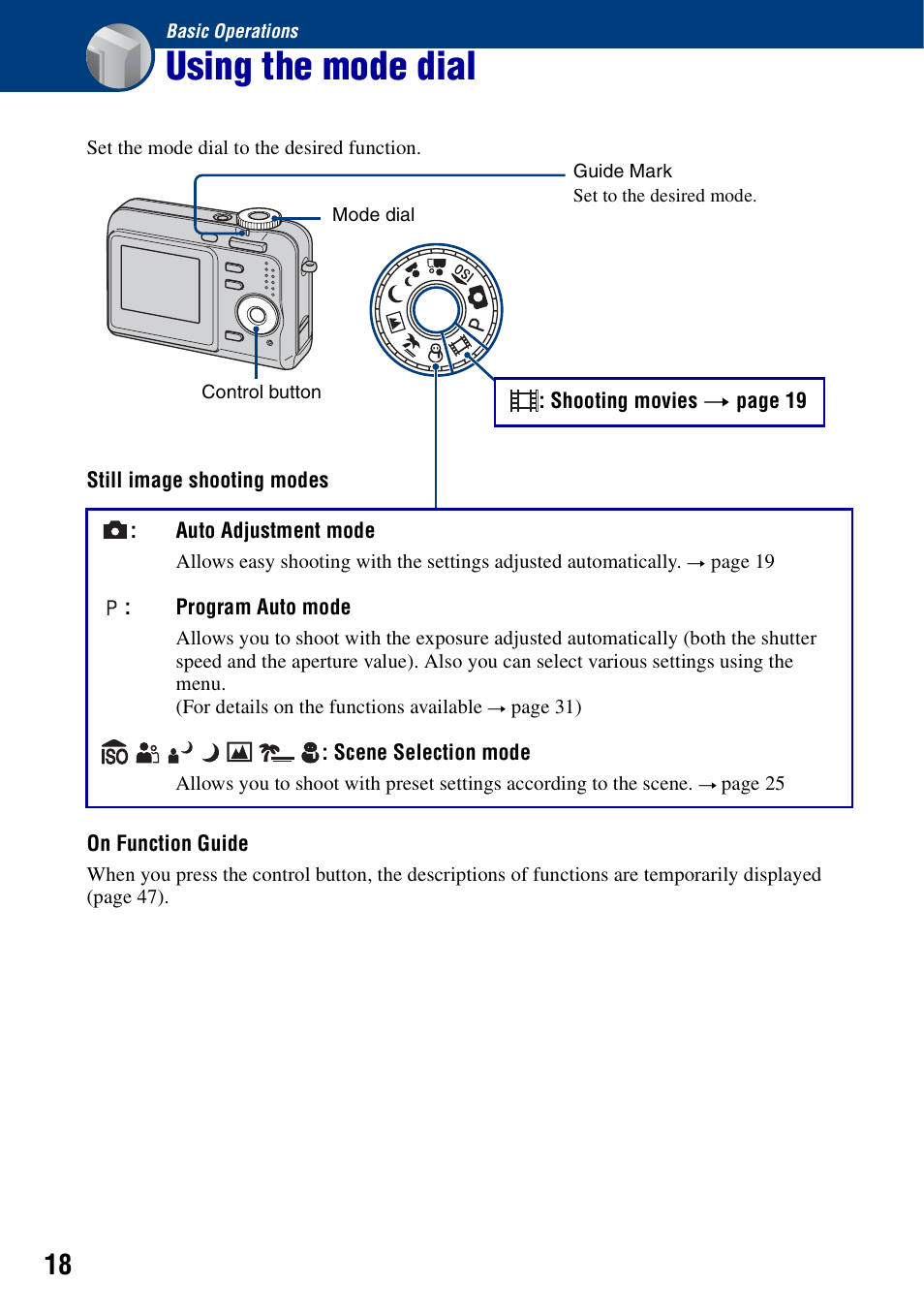 Basic operations, Using the mode dial | Sony DSC-S700BDL User Manual | Page 18 / 101