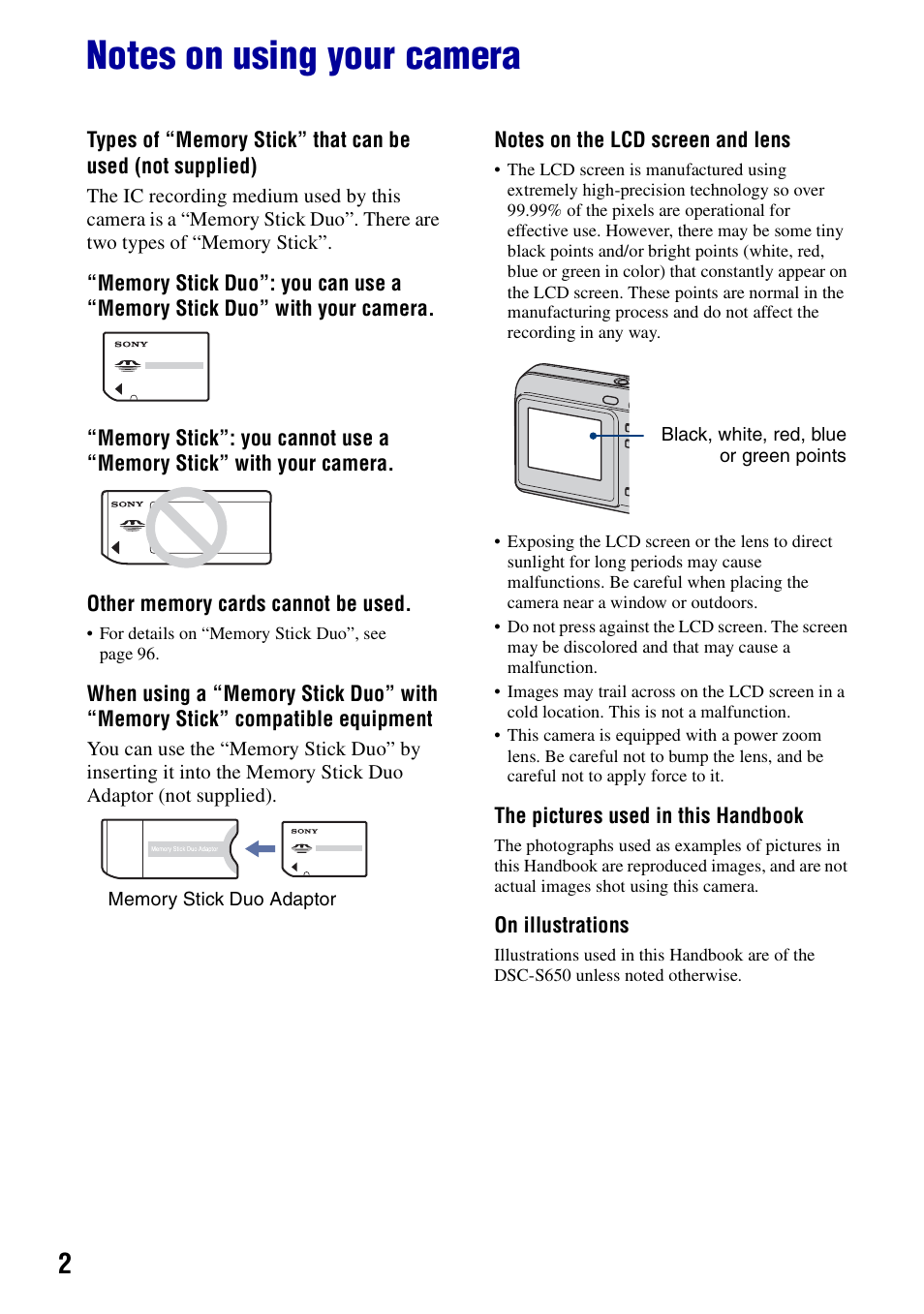 Notes on using your camera | Sony DSC-S700BDL User Manual | Page 2 / 101