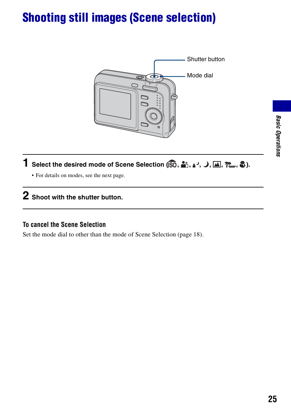 Shooting still images (scene selection) | Sony DSC-S700BDL User Manual | Page 25 / 101