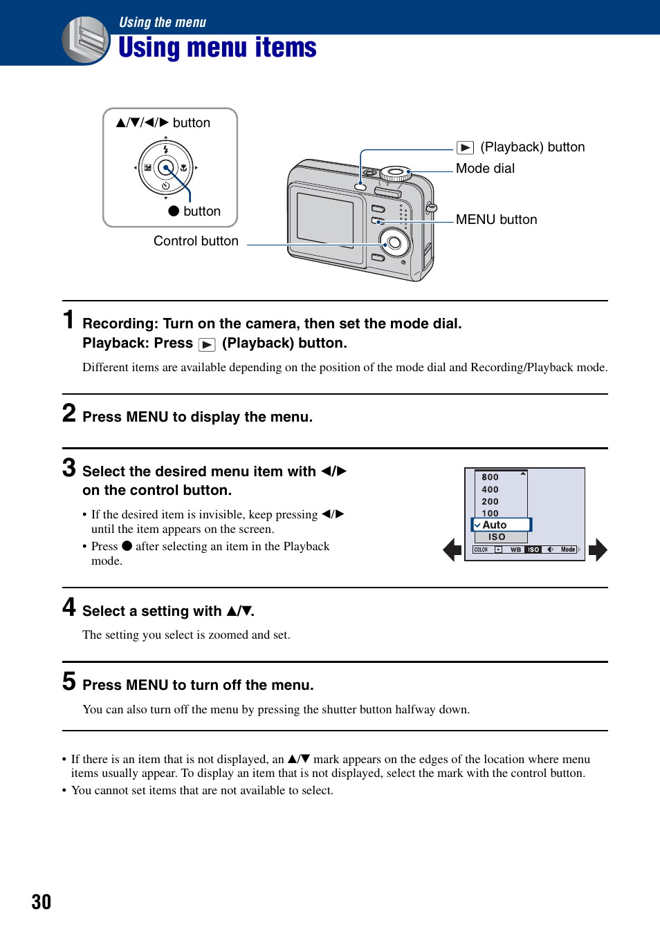 Using the menu, Using menu items, Nu (30) | Sony DSC-S700BDL User Manual | Page 30 / 101