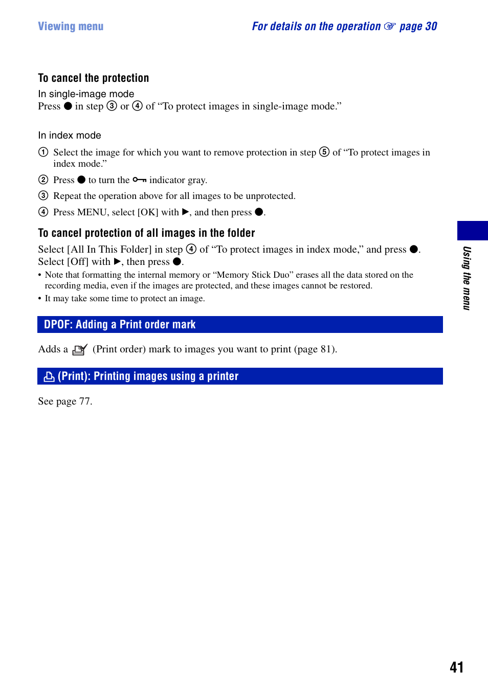 Dpof: adding a print order mark, Print: printing images using a printer, Print): printing images using a printer | Sony DSC-S700BDL User Manual | Page 41 / 101