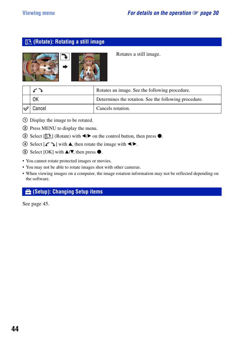 Rotate: rotating a still image, Setup: changing setup items, Rotate): rotating a still image | Sony DSC-S700BDL User Manual | Page 44 / 101