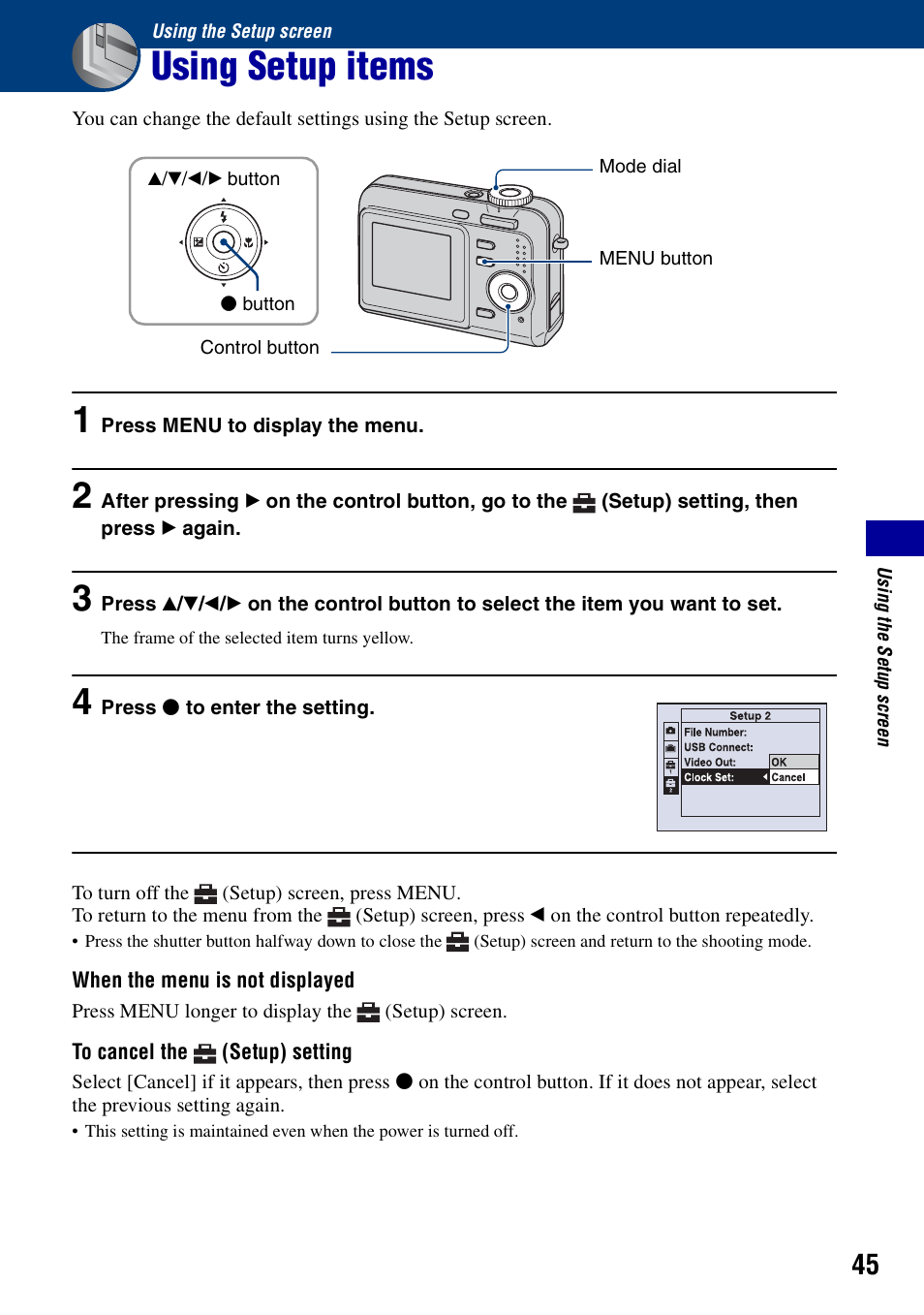 Using the setup screen, Using setup items | Sony DSC-S700BDL User Manual | Page 45 / 101