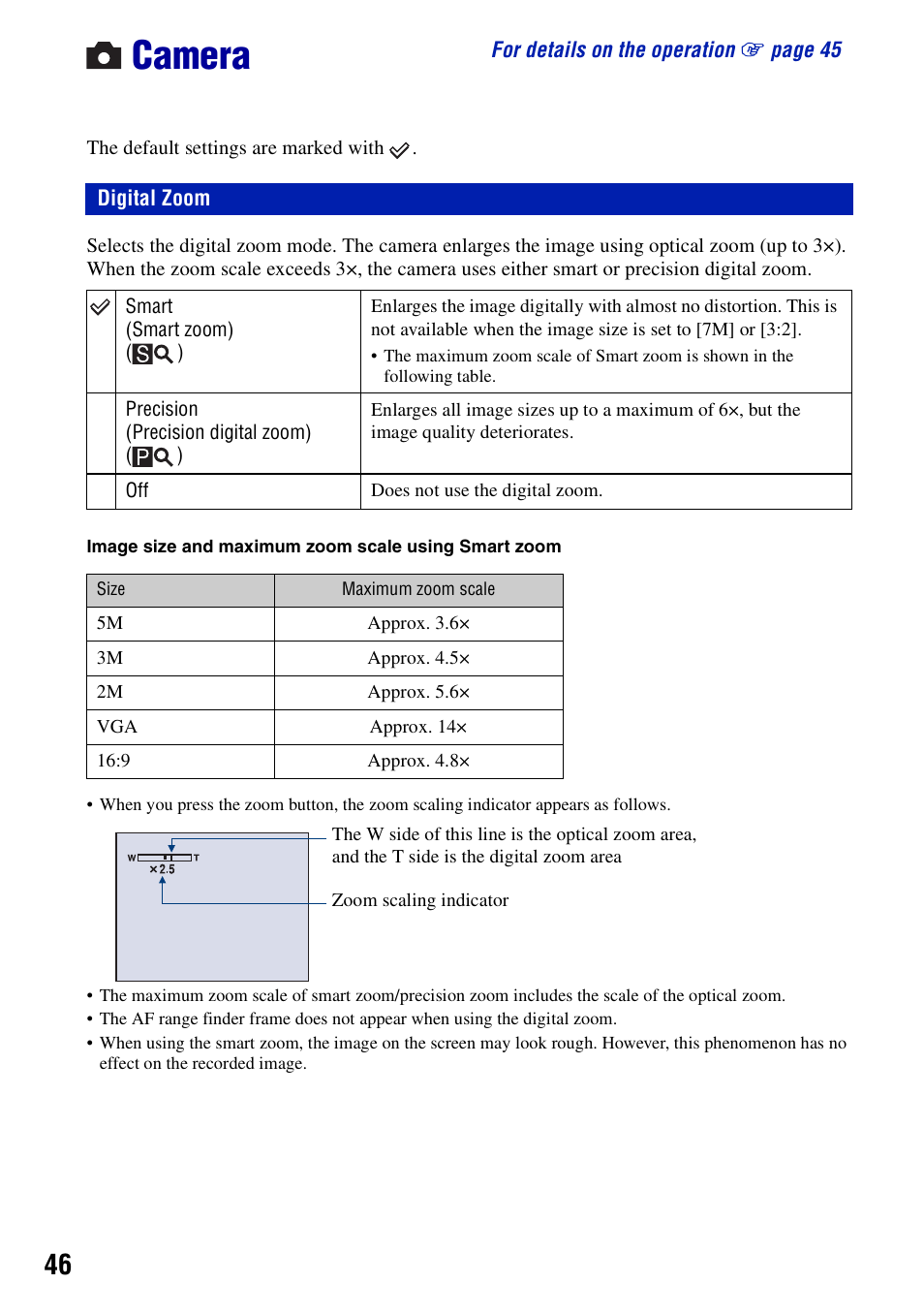 Camera, Digital zoom | Sony DSC-S700BDL User Manual | Page 46 / 101