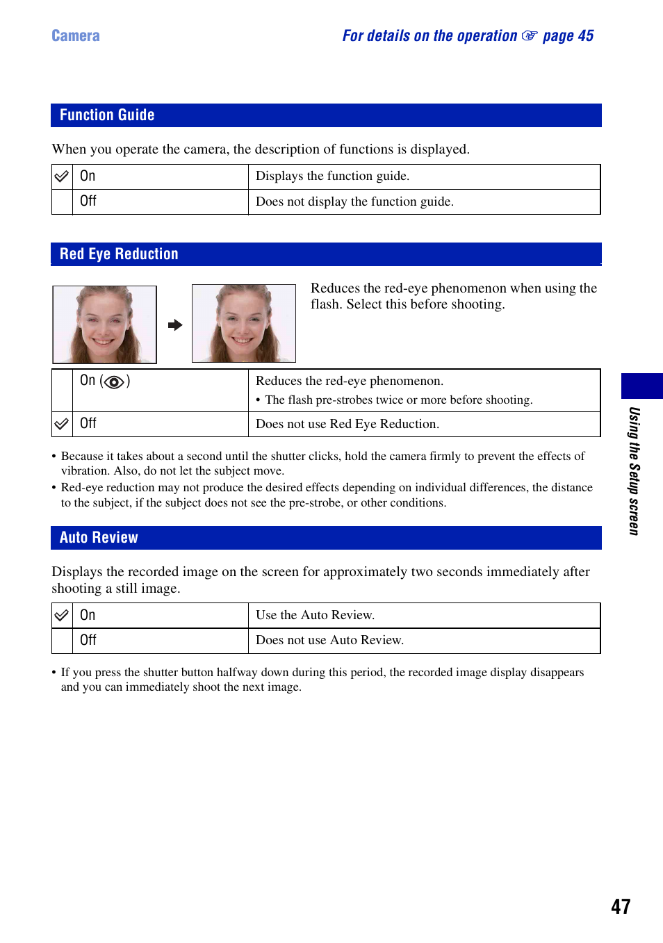 Function guide, Red eye reduction, Auto review | Red eye reduction auto review | Sony DSC-S700BDL User Manual | Page 47 / 101