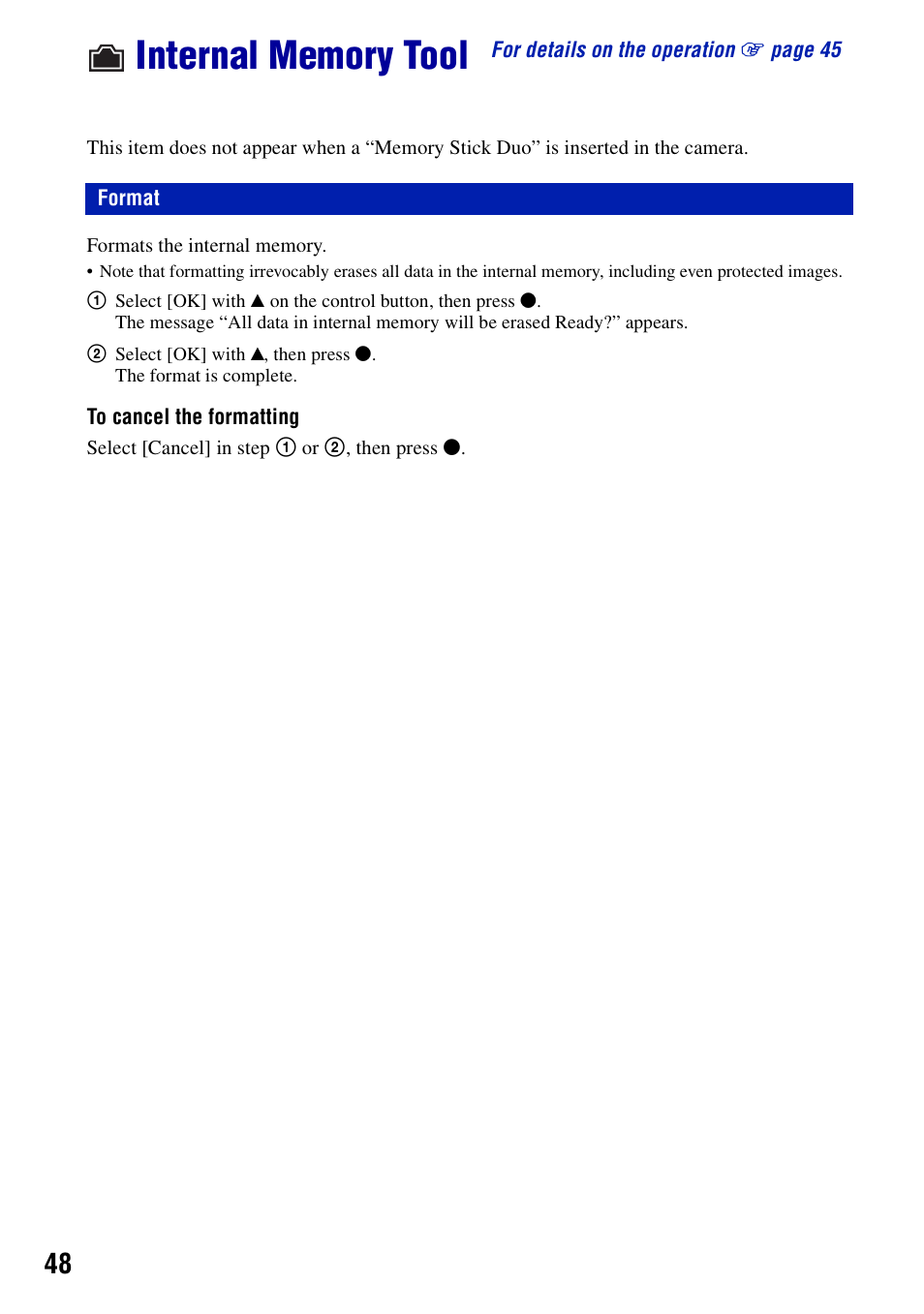 Internal memory tool, Format | Sony DSC-S700BDL User Manual | Page 48 / 101