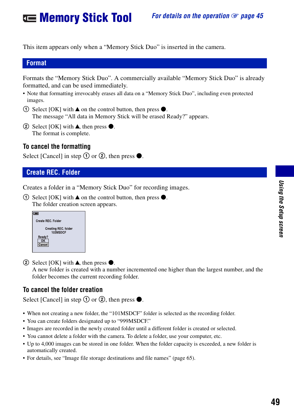 Memory stick tool, Format, Create rec. folder | Format create rec. folder | Sony DSC-S700BDL User Manual | Page 49 / 101