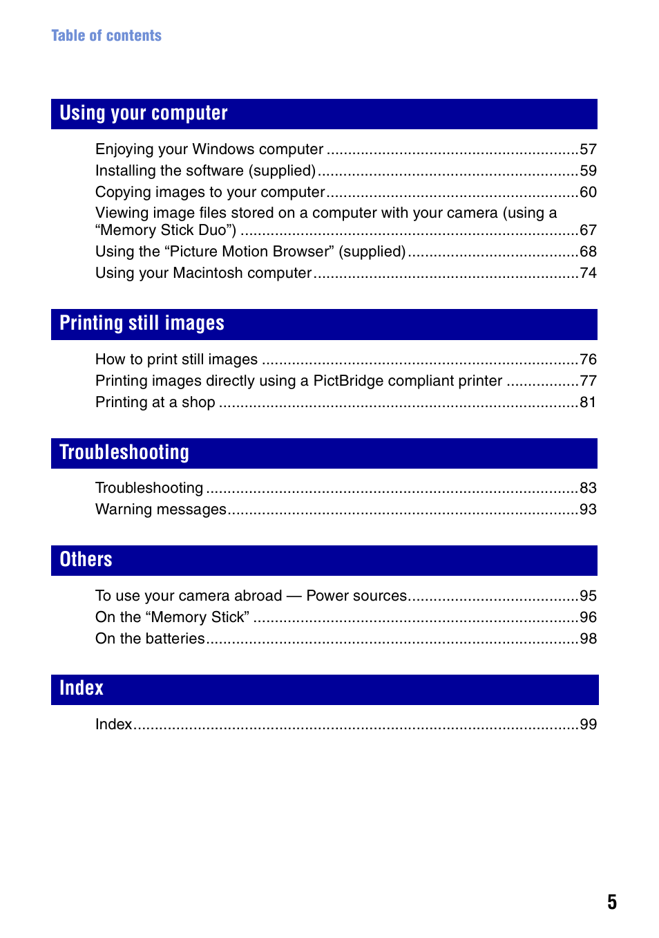 Sony DSC-S700BDL User Manual | Page 5 / 101