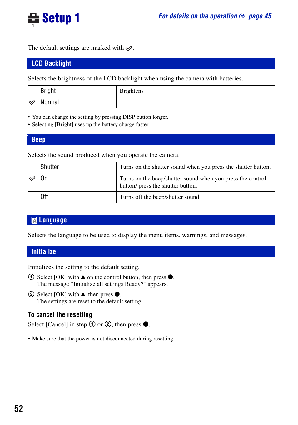 Setup 1, Lcd backlight, Beep | Language, Initialize, Lcd backlight beep | Sony DSC-S700BDL User Manual | Page 52 / 101