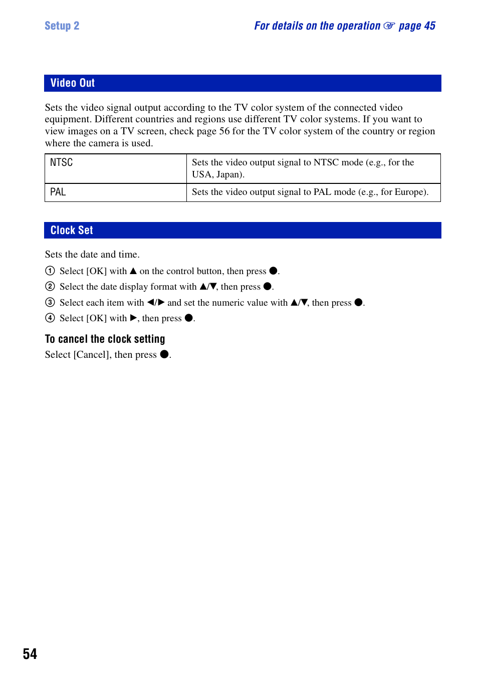 Video out, Clock set, Video out clock set | Sony DSC-S700BDL User Manual | Page 54 / 101