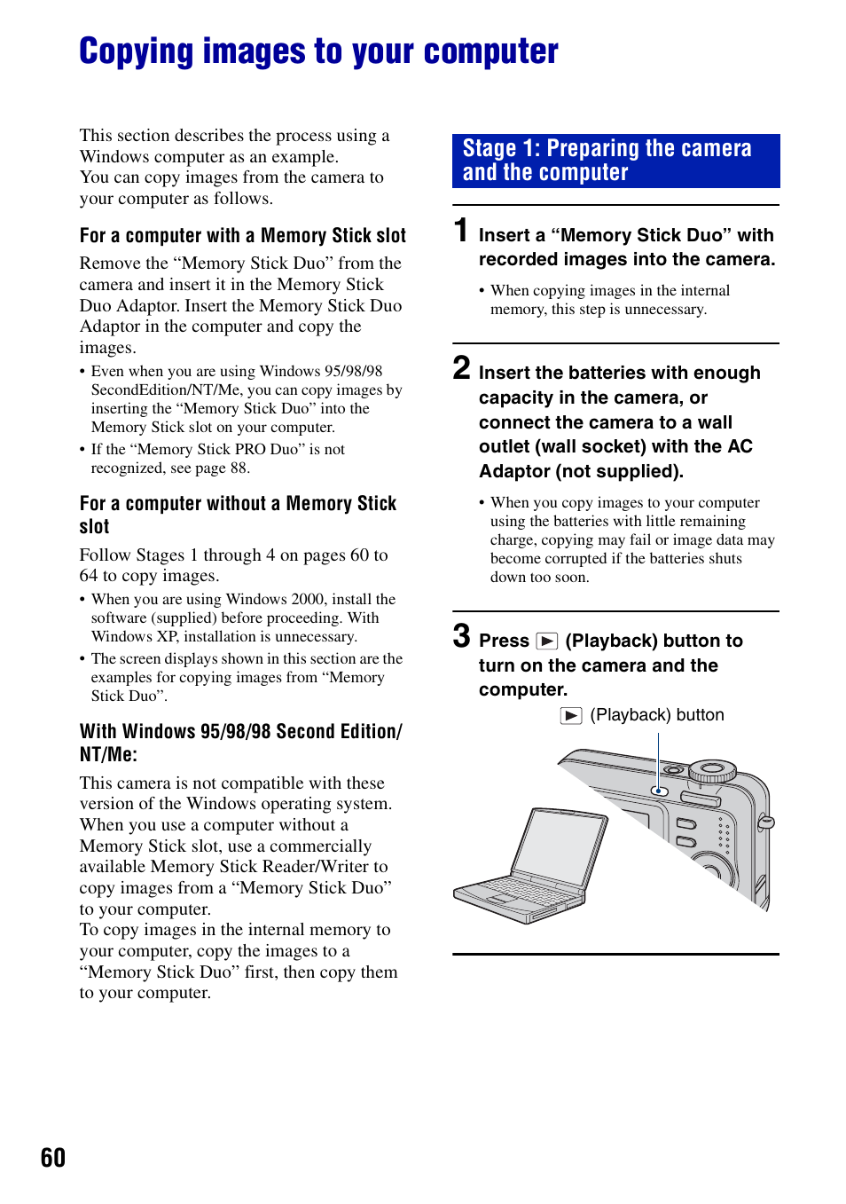 Copying images to your computer, Stage 1: preparing the camera and the computer | Sony DSC-S700BDL User Manual | Page 60 / 101