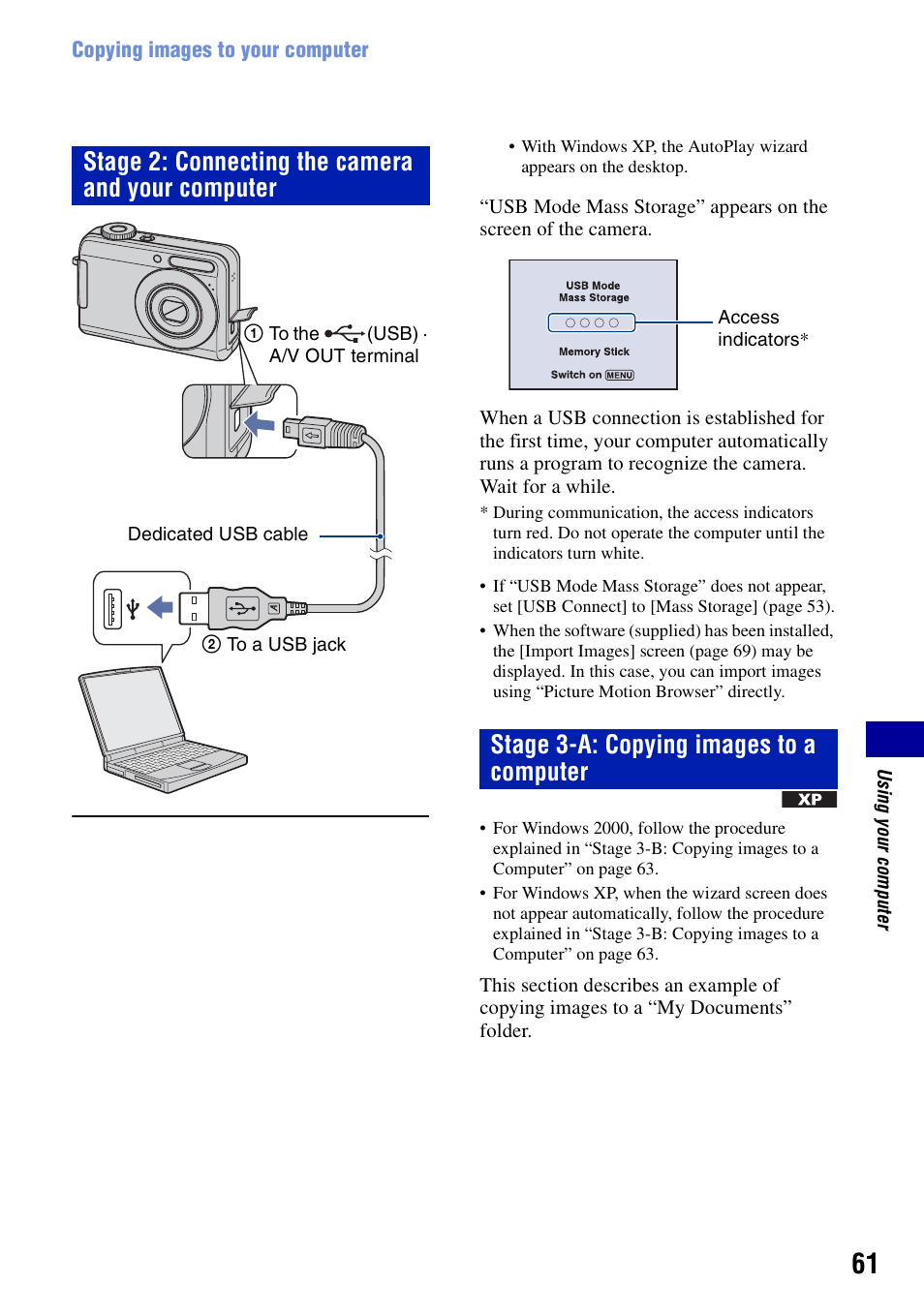 Stage 2: connecting the camera and your computer, Stage 3-a: copying images to a computer | Sony DSC-S700BDL User Manual | Page 61 / 101