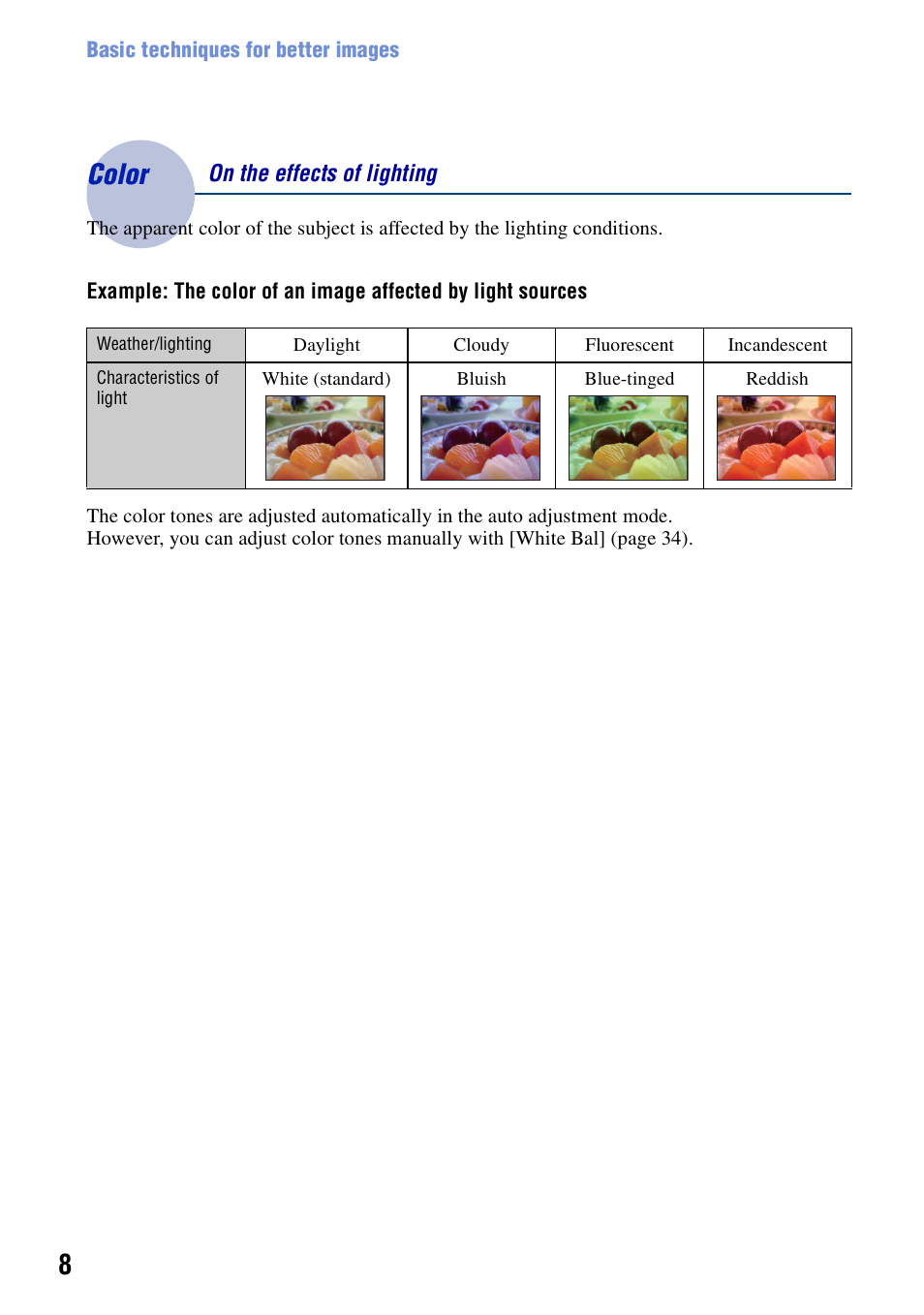 Color, On the effects of lighting | Sony DSC-S700BDL User Manual | Page 8 / 101