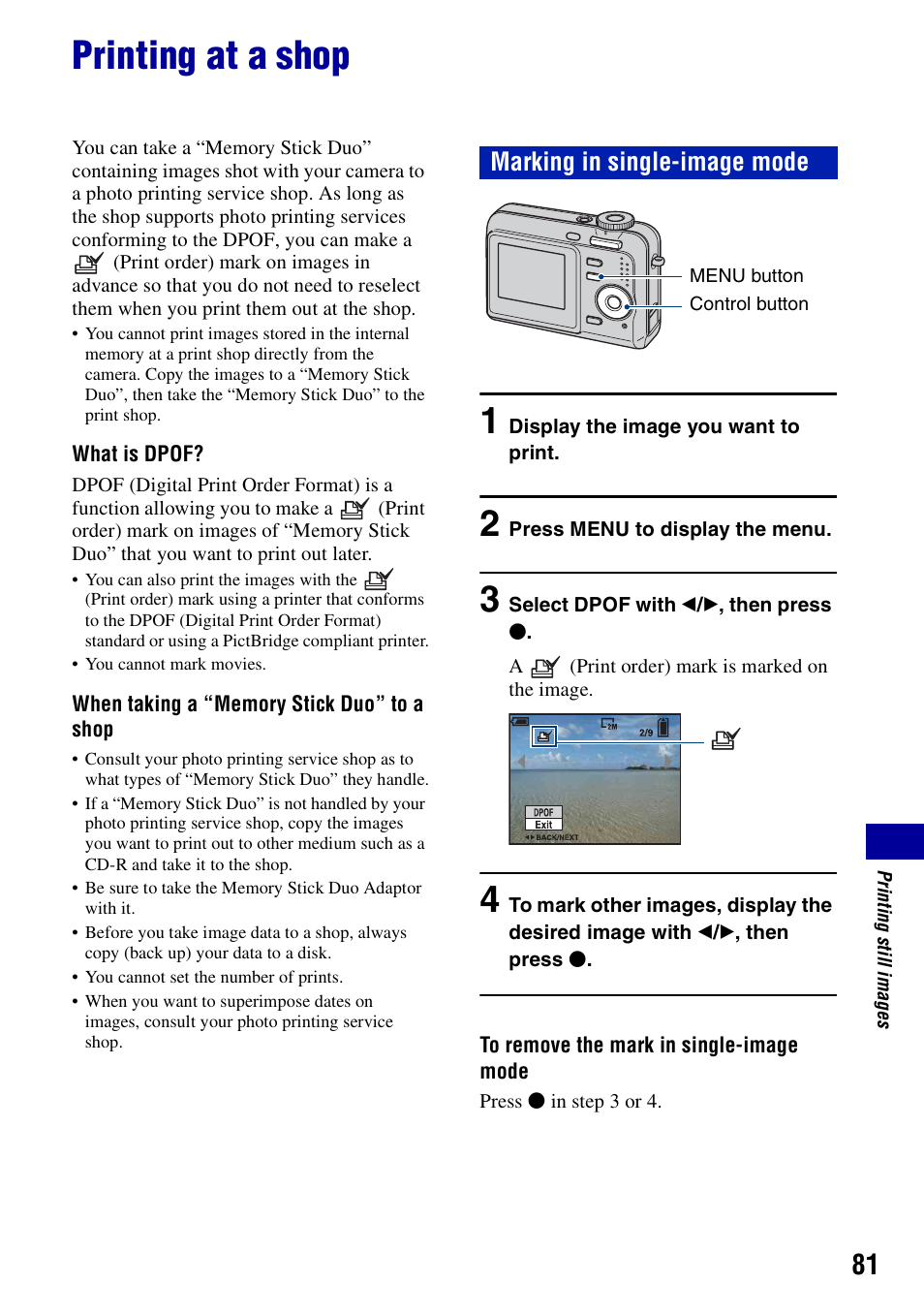 Printing at a shop, Marking in single-image mode | Sony DSC-S700BDL User Manual | Page 81 / 101
