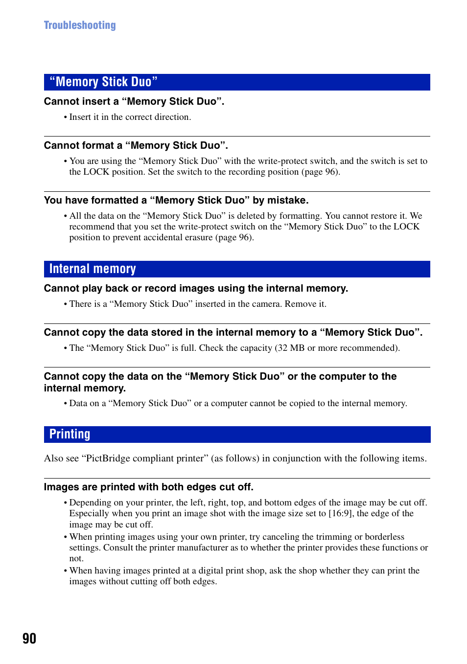 Memory stick duo, Internal memory, Printing | Sony DSC-S700BDL User Manual | Page 90 / 101