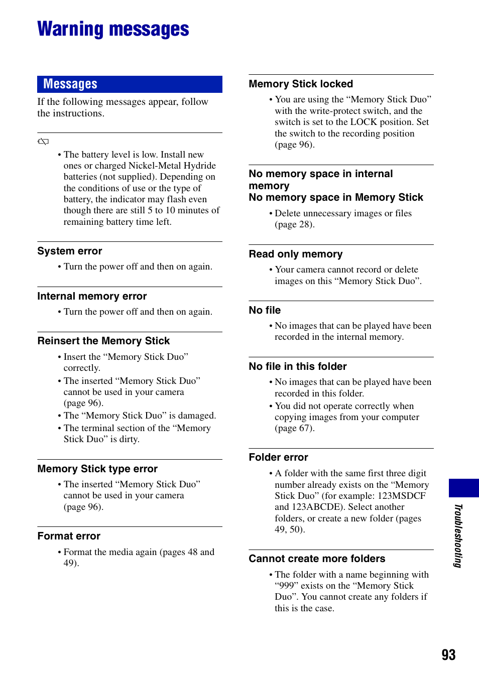 Warning messages, Messages | Sony DSC-S700BDL User Manual | Page 93 / 101