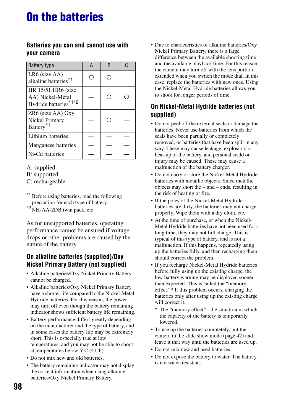 On the batteries | Sony DSC-S700BDL User Manual | Page 98 / 101