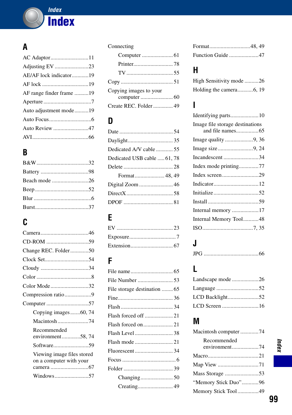Index | Sony DSC-S700BDL User Manual | Page 99 / 101