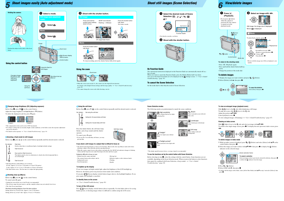 Shoot images easily (auto adjustment mode), Holding the camera, Selecting a flash mode for still images | Shooting close-up (macro), Using the self-timer, To brighten up the display, To identify items on the screen, To turn off the lcd screen, Shoot still images (scene selection), Scene selection modes | Sony DSC-W100 User Manual | Page 2 / 2