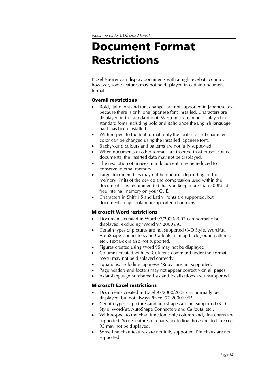 Document format restrictions | Sony PEG-UX40 User Manual | Page 12 / 20