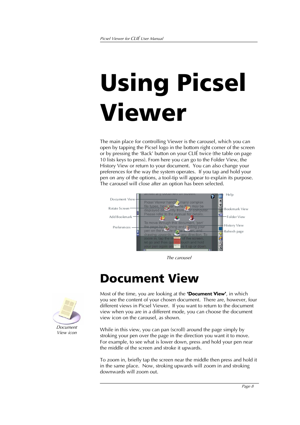 Using picsel viewer, Document view | Sony PEG-UX40 User Manual | Page 8 / 20