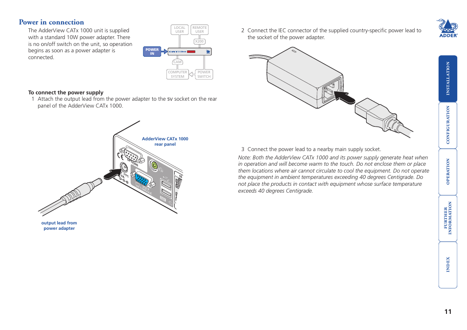 Power in connection, Power | Adder Technology AdderView CATx 1000 User Manual | Page 12 / 54